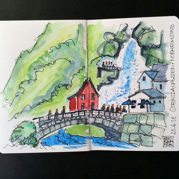 Aquarell Haus am Wasserfall